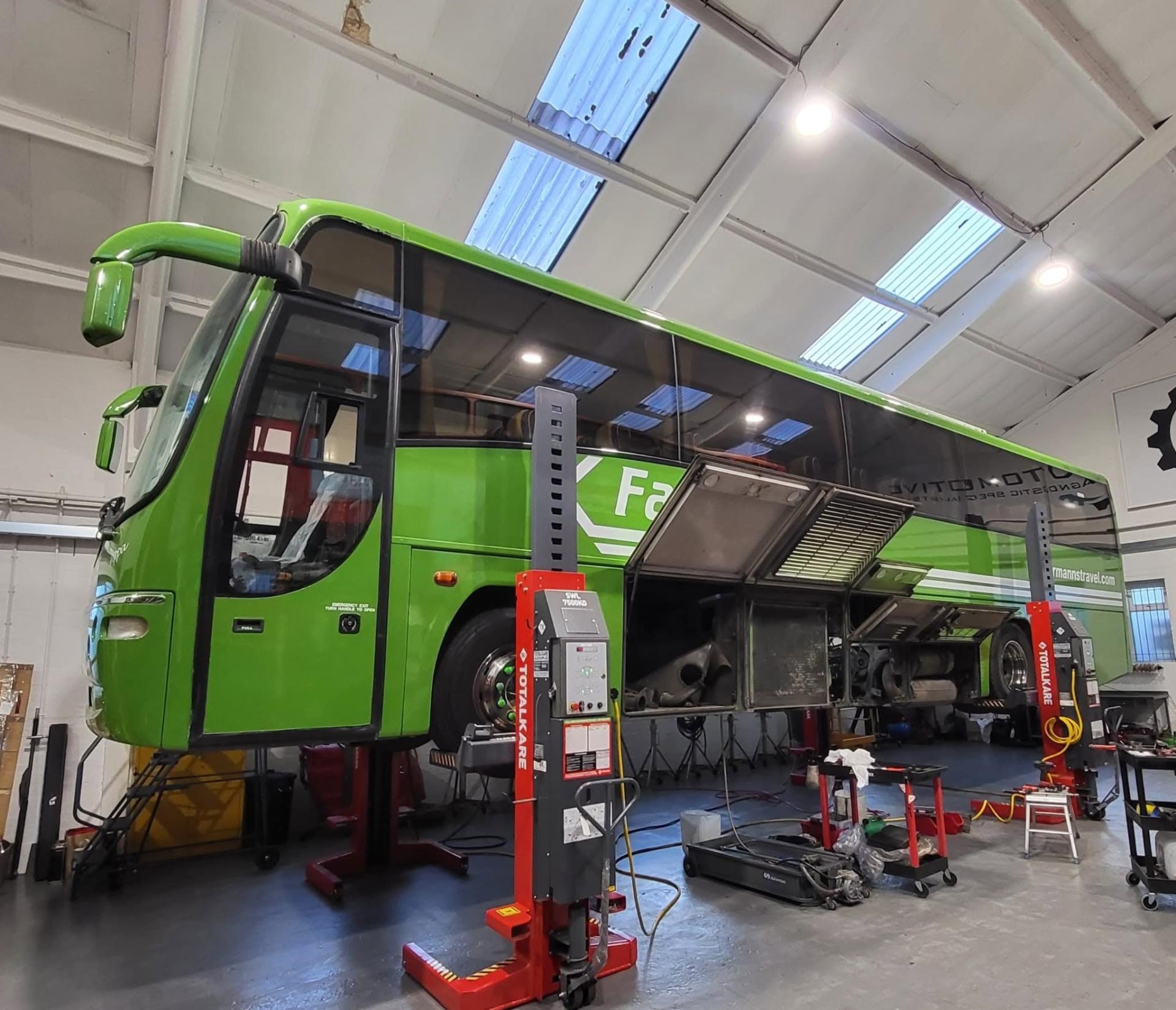 Fairmanns coach on lifts in the maintenance workshop